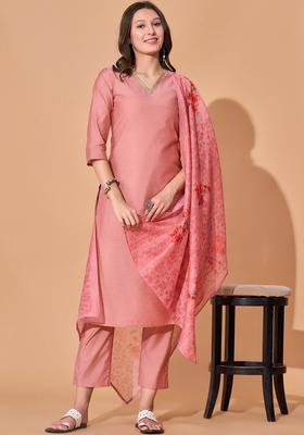 Peach Solid Silk Blend Kurta Set
