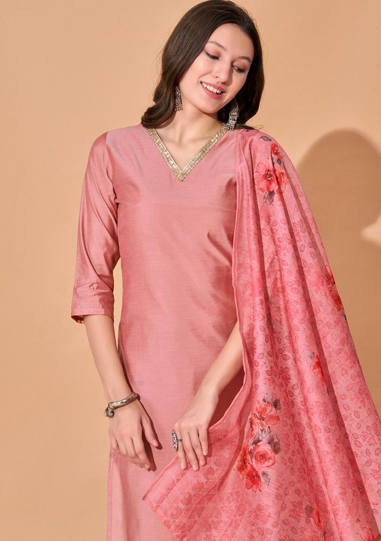Peach Solid Silk Kurta Set - Indya