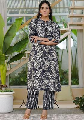 Navy Blue Printed Cotton Kurta Set