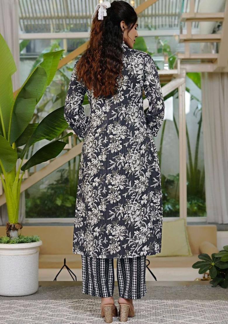 Navy Blue Printed Cotton Kurta Set - Indya