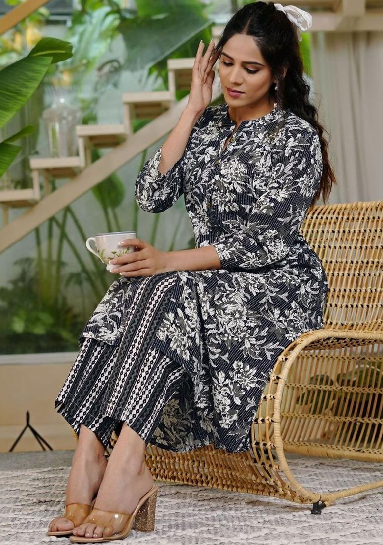 Navy Blue Printed Cotton Kurta Set - Indya