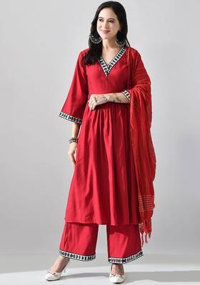 Red Solid Silk Blend Kurta Set