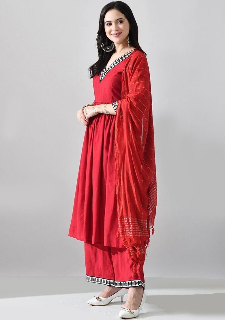 Red Solid Silk Kurta Set - Indya