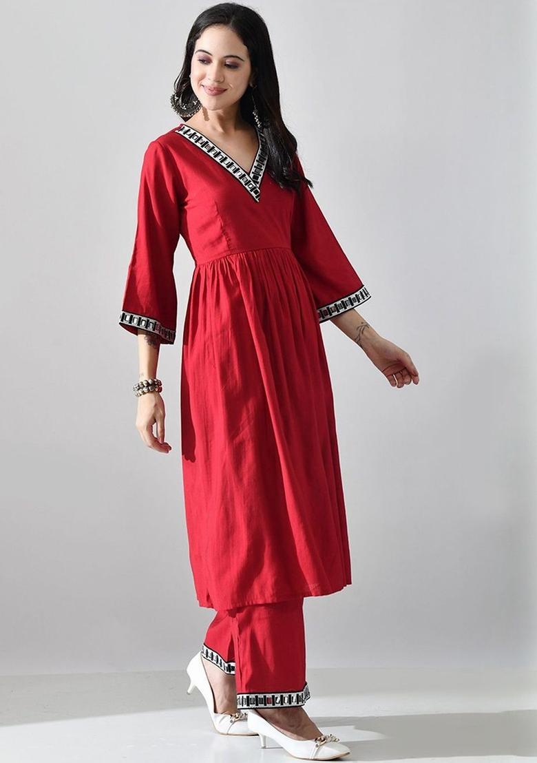 Red Solid Silk Kurta Set - Indya