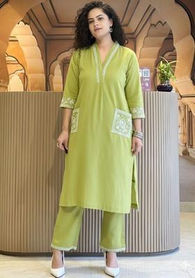 Lime Green Embroidered Viscose Kurta Set