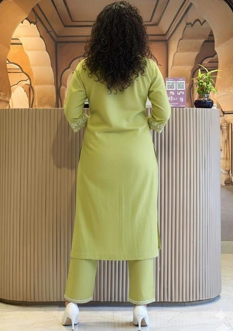 Lime Green Embroidered Viscose Kurta Set - Indya
