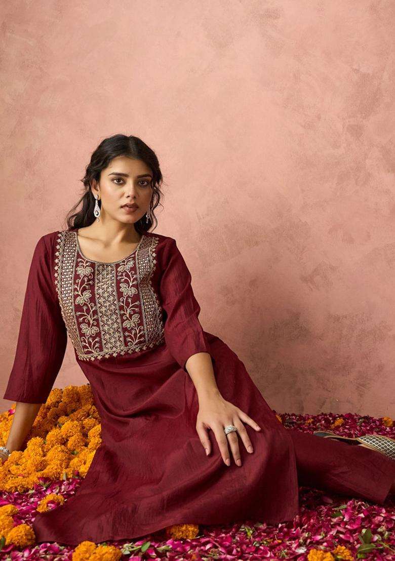 Maroon Embroidered Silk Blend Kurta Set - Indya