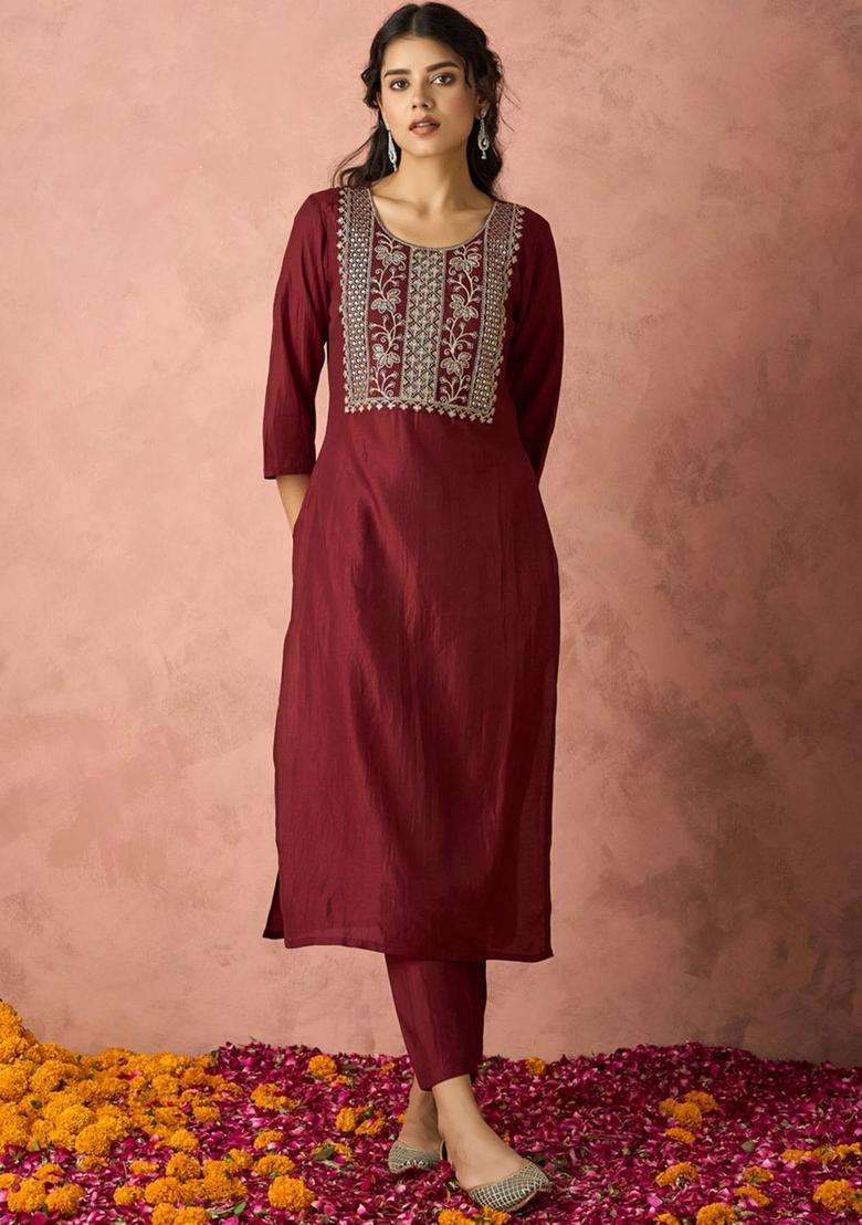 Maroon Embroidered Silk Blend Kurta Set - Indya
