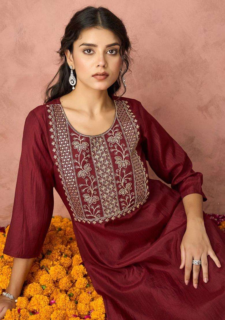 Maroon Embroidered Silk Blend Kurta Set - Indya