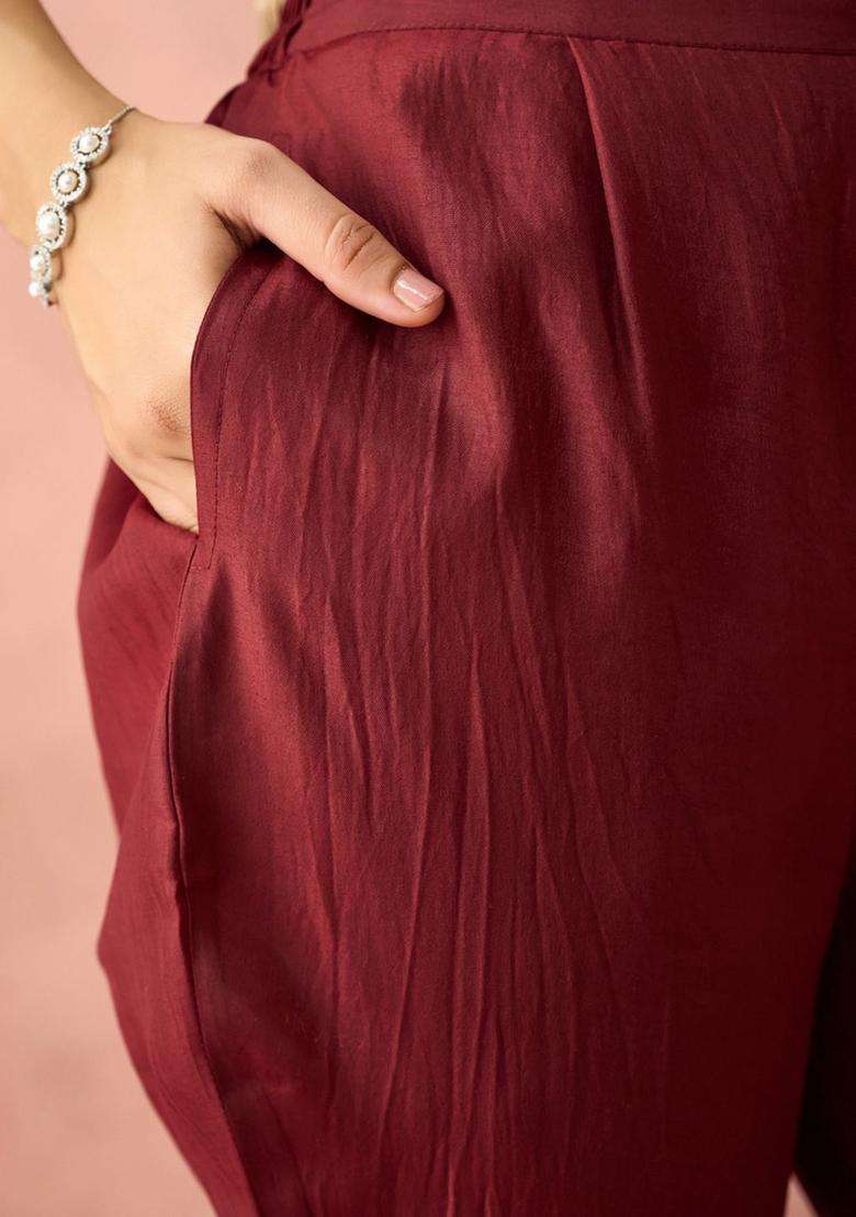 Maroon Embroidered Silk Blend Kurta Set - Indya