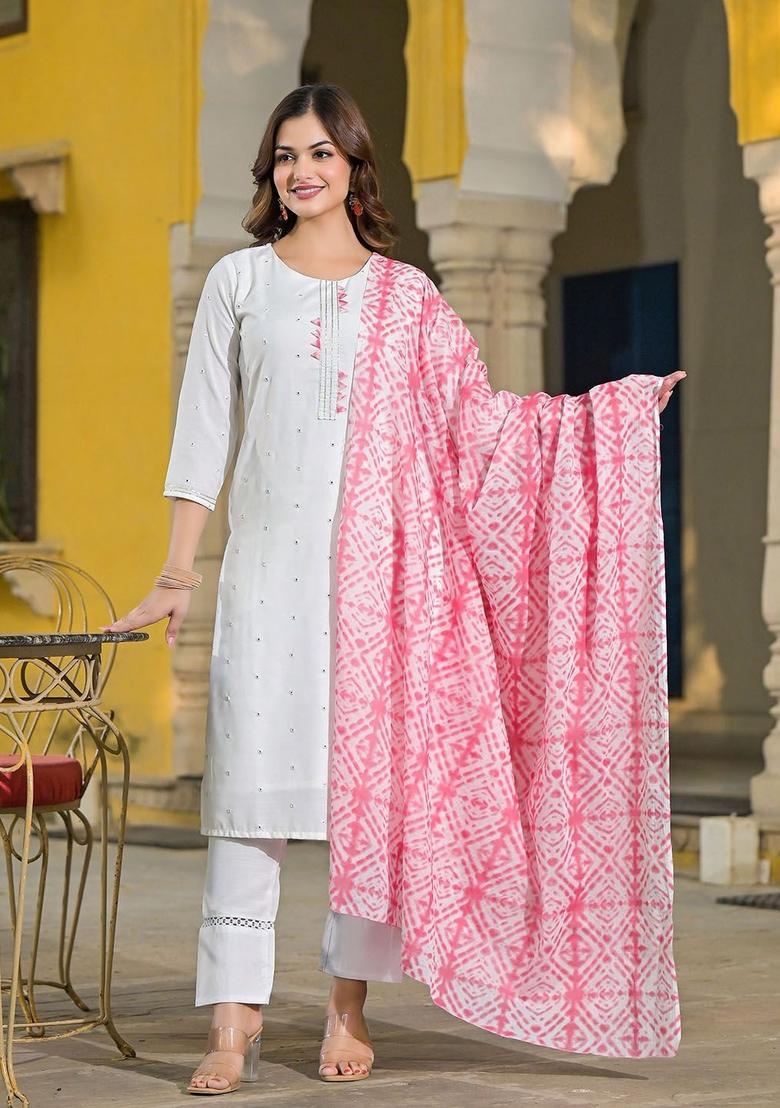 Pink Embroidered Viscose Kurta Set - Indya