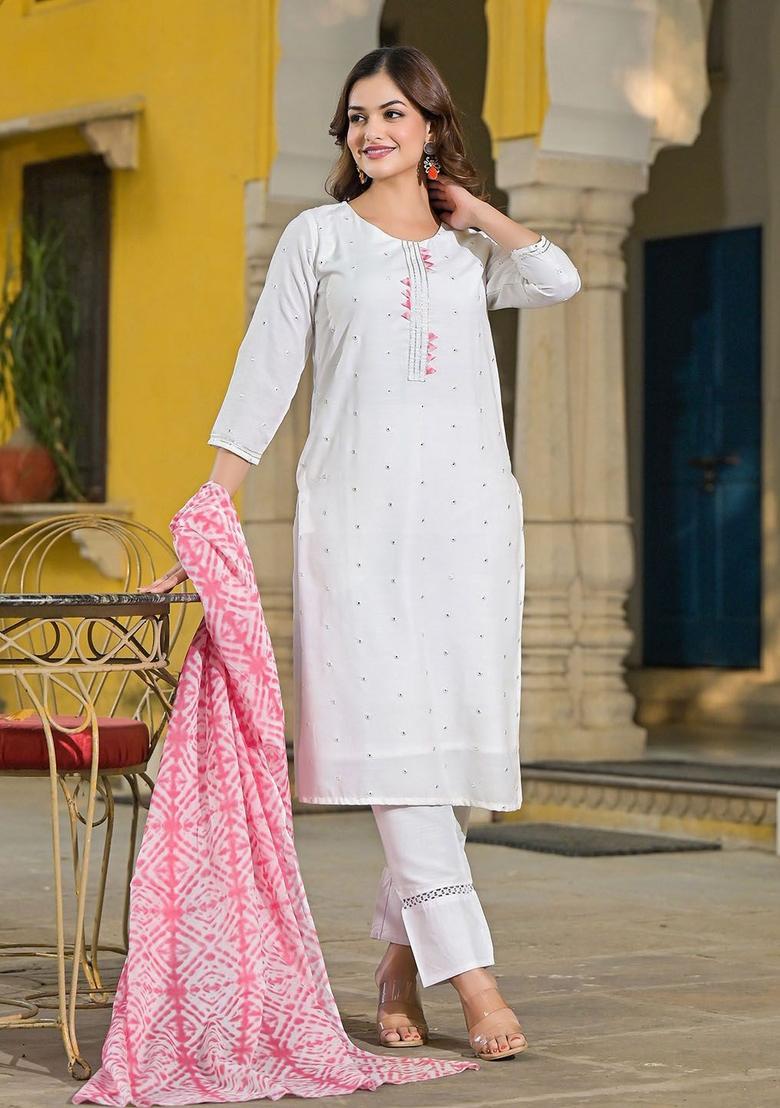 Pink Embroidered Viscose Kurta Set - Indya
