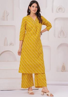 Yellow Striped Cotton Kurta Set