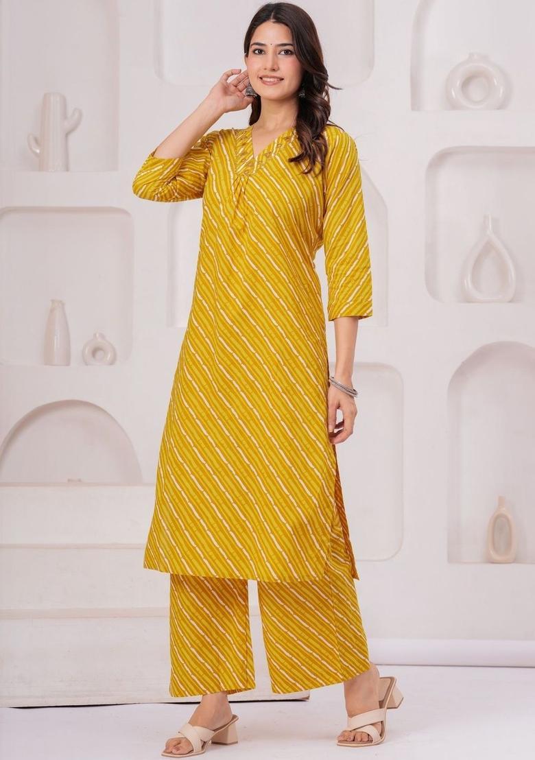 Yellow Striped Cotton Kurta Set - Indya