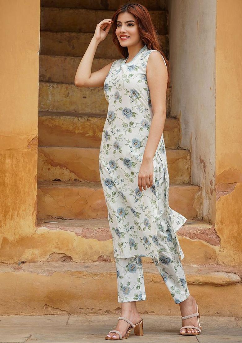 Grey Printed Cotton Kurta Set - Indya