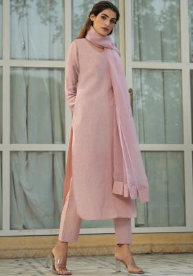 Pink Solid Viscose Kurta Set