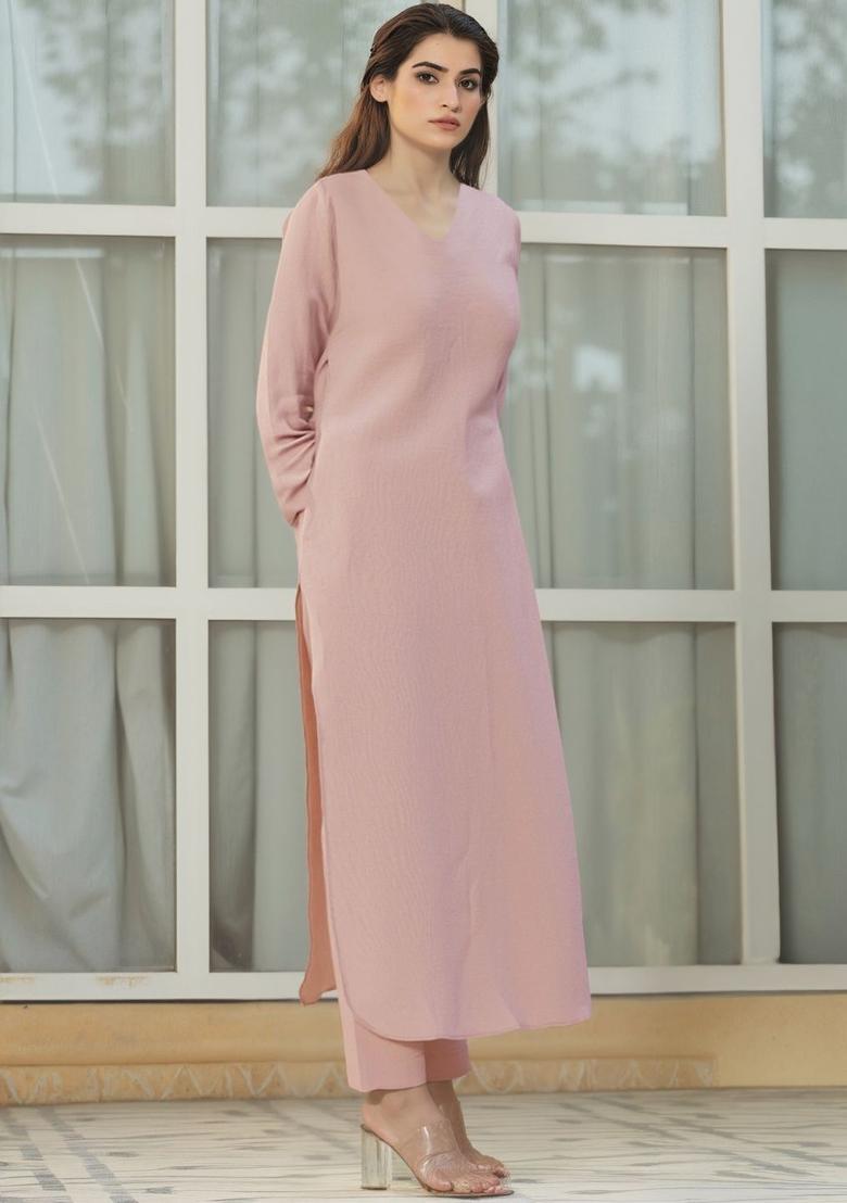 Pink Solid Viscose Kurta Set - Indya