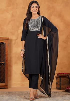 Black Yoke Design Silk Blend Kurta Set