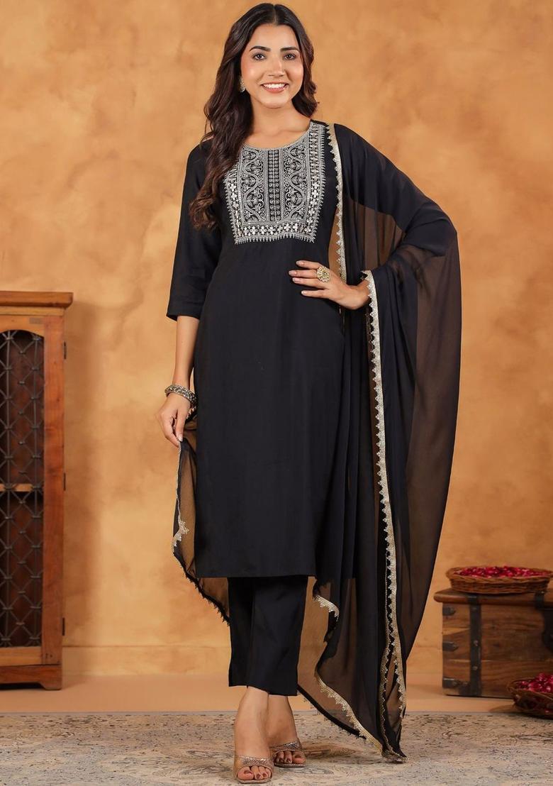 Black Yoke Design Silk Kurta Set - Indya