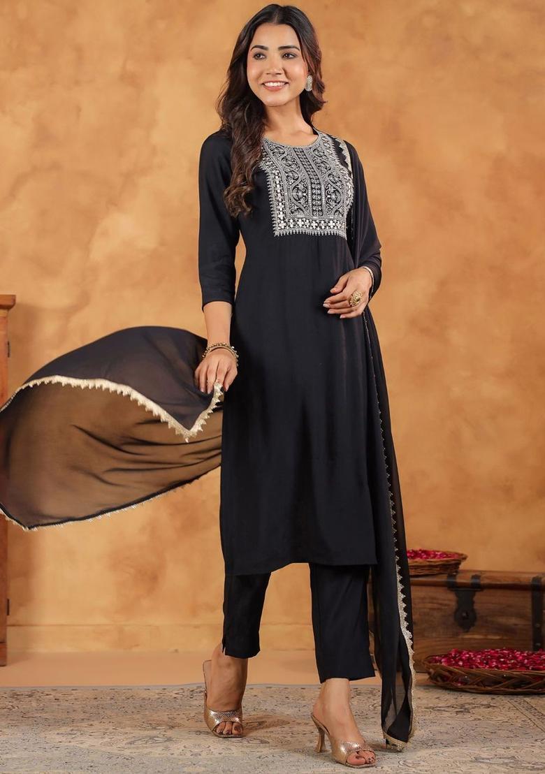 Black Yoke Design Silk Kurta Set - Indya