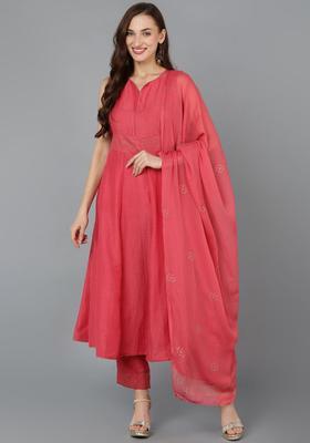 Peach Solid Silk Blend Kurta Set