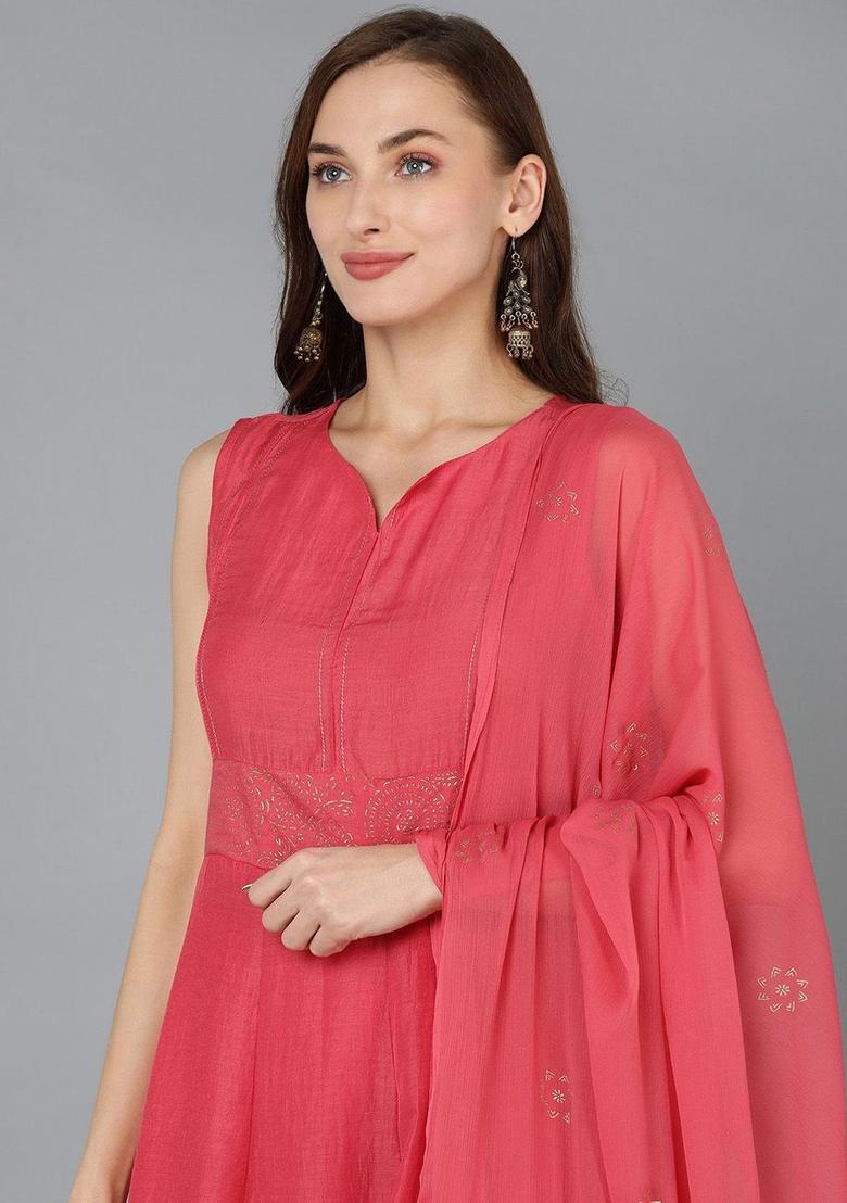 Peach Solid Silk Kurta Set - Indya