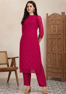 Pink Self Design Georgette Kurta Set
