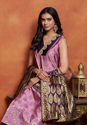 Purple Woven Design Silk Blend Kurta Set