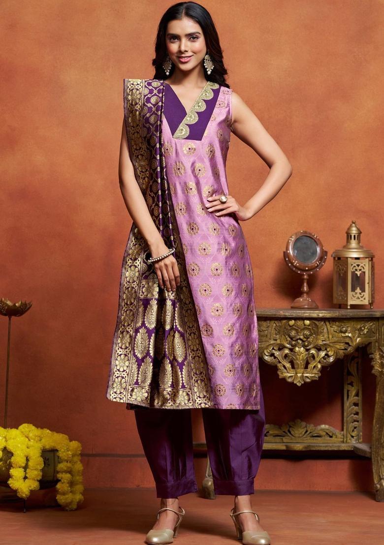 Purple Woven Design Silk Kurta Set - Indya