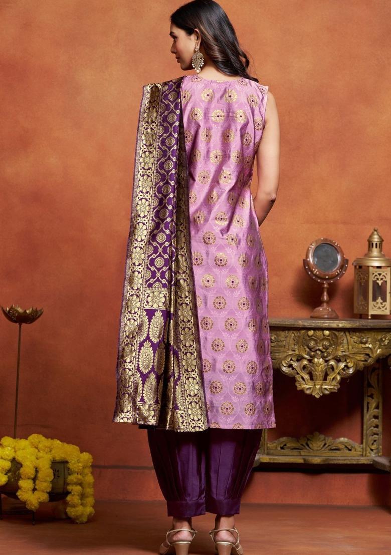 Purple Woven Design Silk Kurta Set - Indya