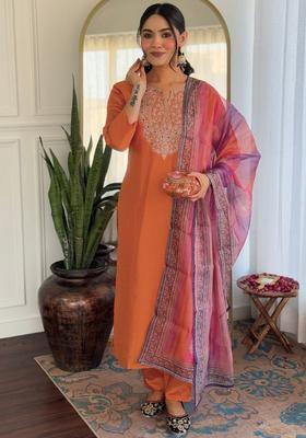 Orange Yoke Design Viscose Kurta Set