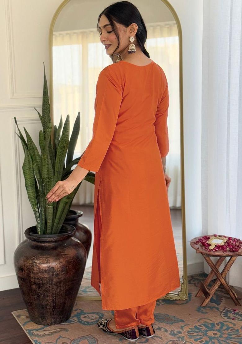 Orange Yoke Design Viscose Kurta Set - Indya