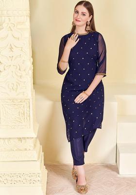 Navy Blue Embroidered Georgette Kurta Set