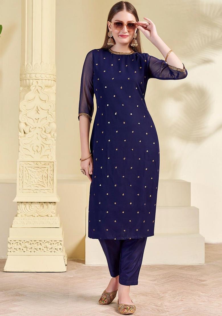 Navy Blue Embroidered Georgette Kurta Set - Indya