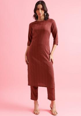 Maroon Woven Design Silk Blend Kurta Set