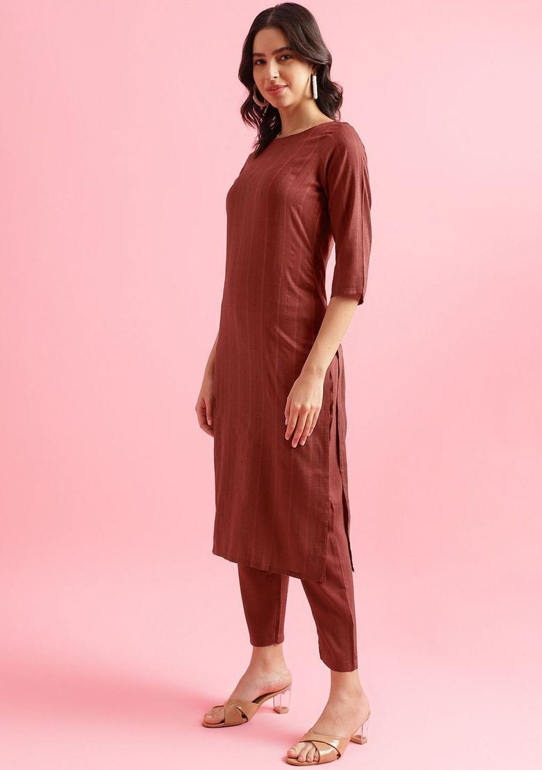 Maroon Woven Design Silk Kurta Set - Indya