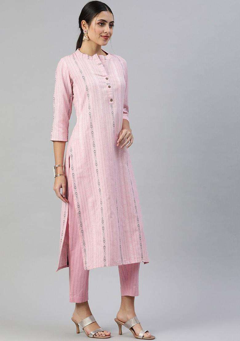 Pink Striped Cotton Kurta Set - Indya