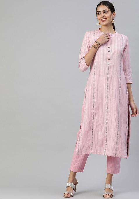 Pink Striped Cotton Kurta Set