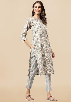 Off White Printed Cotton Kurta Set