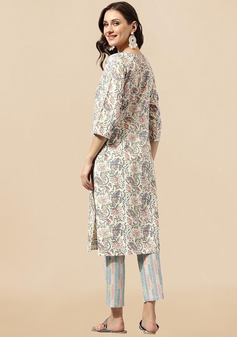 Off White Printed Cotton Kurta Set - Indya