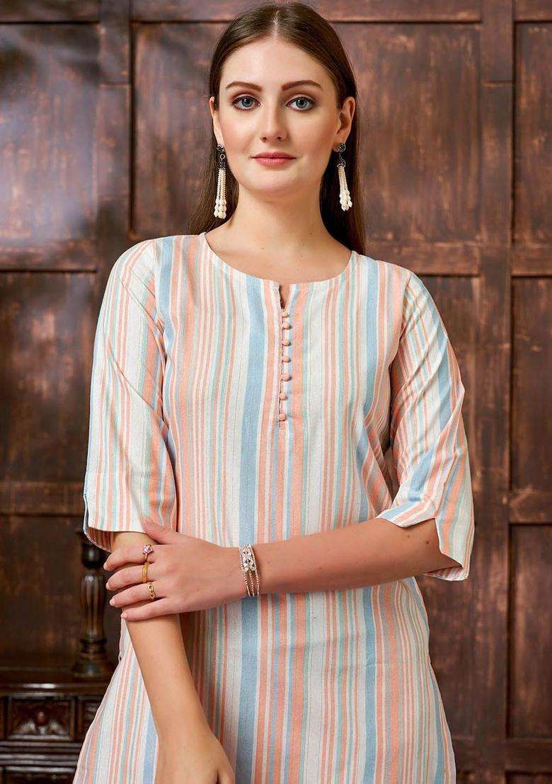Peach Woven Design Cotton Kurta Set - Indya