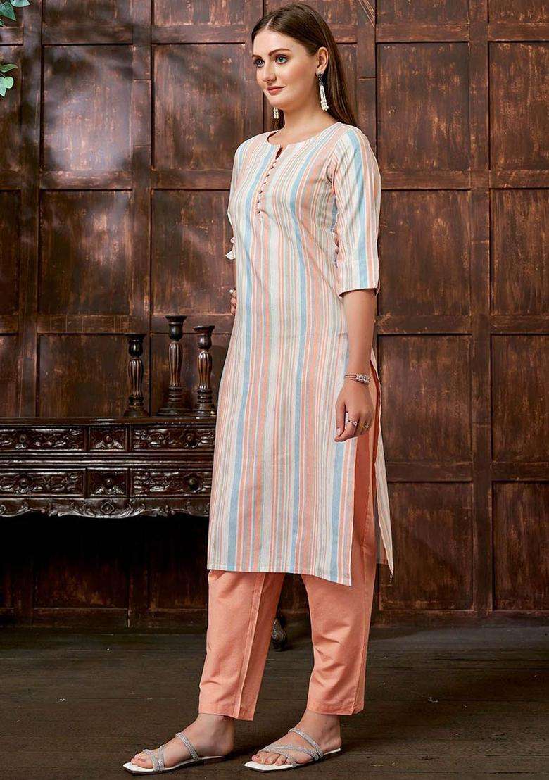 Peach Woven Design Cotton Kurta Set - Indya