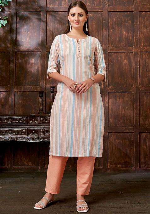 Peach Woven Design Cotton Kurta Set