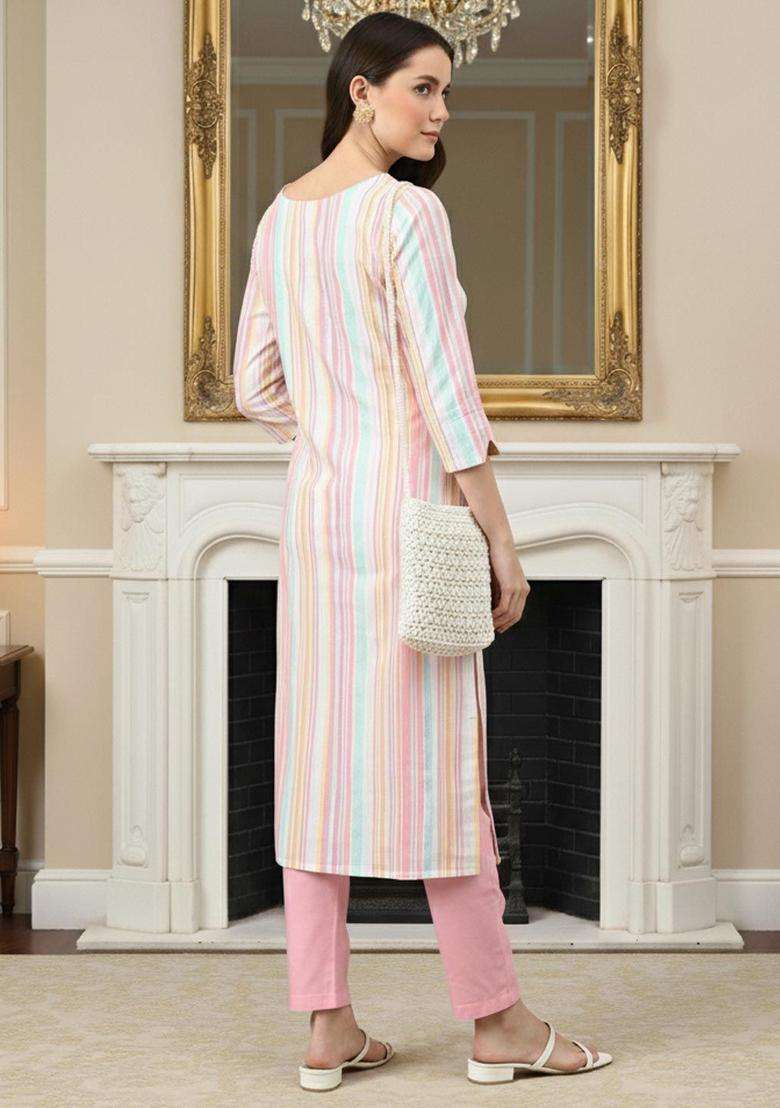 Pink Striped Cotton Kurta Set - Indya
