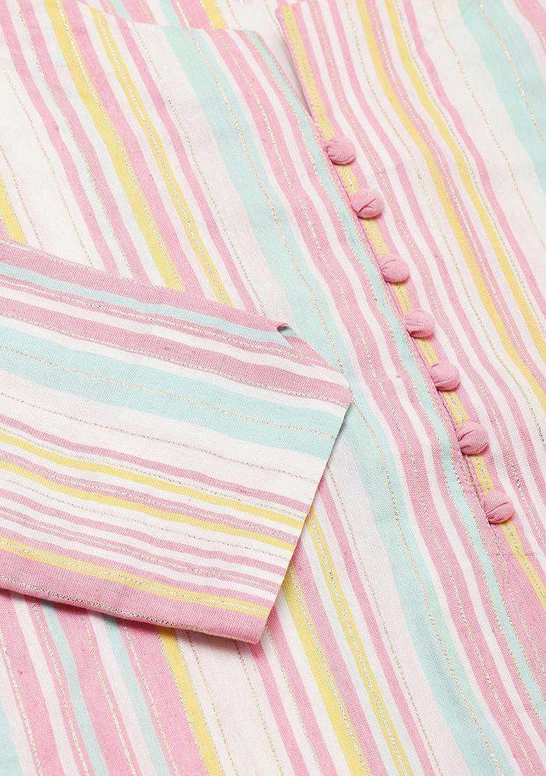 Pink Striped Cotton Kurta Set - Indya