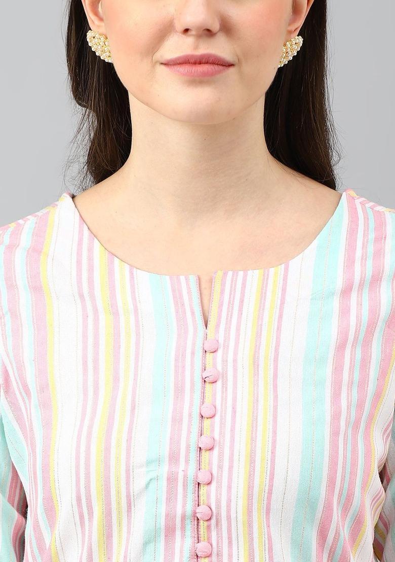 White Striped Cotton Kurta Set - Indya