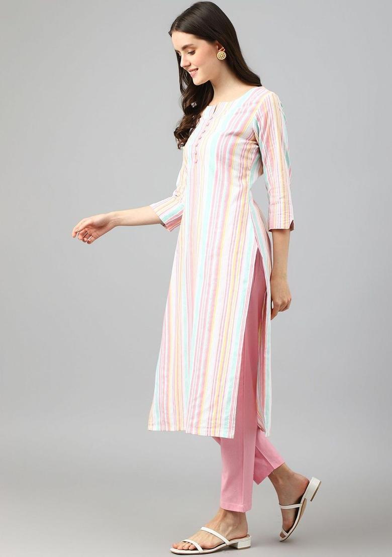 White Striped Cotton Kurta Set - Indya