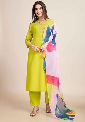 Lime Green Embroidered Viscose Kurta Set