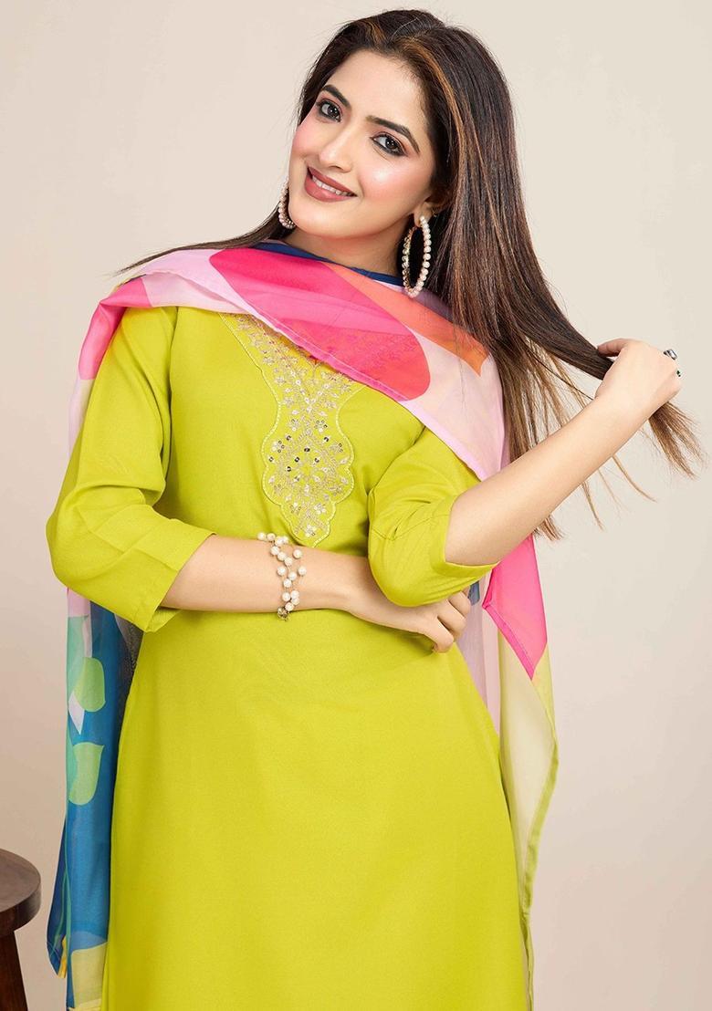 Lime Green Embroidered Viscose Kurta Set - Indya