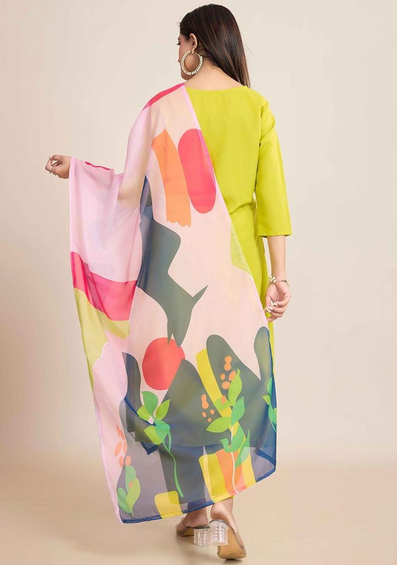 Lime Green Embroidered Viscose Kurta Set - Indya
